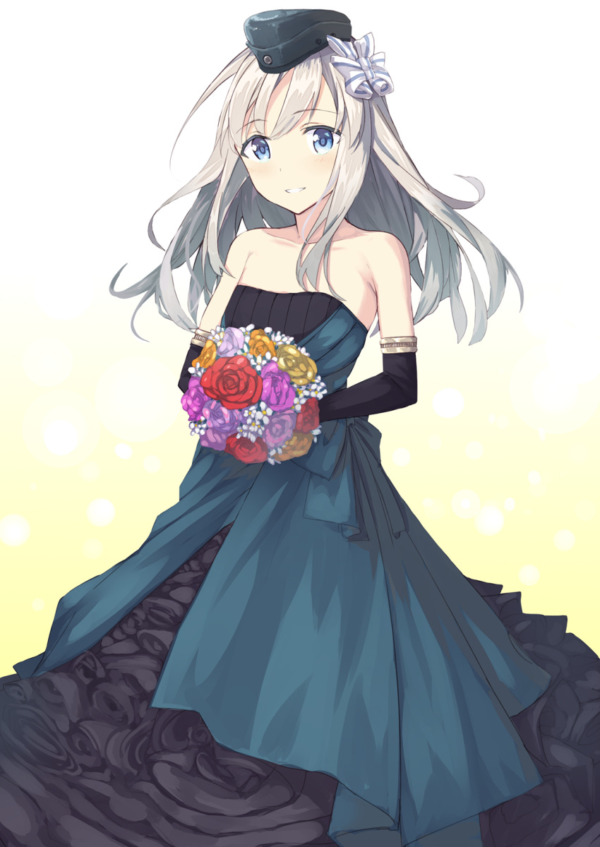 apo_(apos2721), bangs, bare_shoulders, black_dress, black_gloves, blue_eyes, bouquet, bow