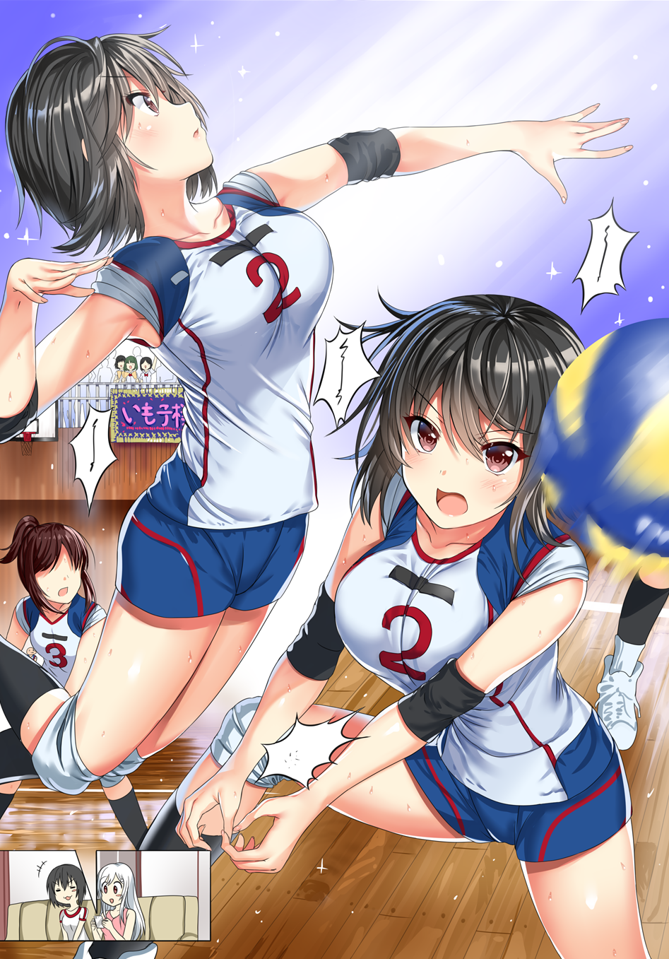 >:o, +++, 3girls, :o, aldehyde, armpits, arms_up, ball, bare_shoulders, black_hair, black_legwear, blue_shorts, blush, breasts, collarbone, comic, couch, crowd, dripping, elbow_pads, faceless, faceless_female, flying_sweatdrops, from_above, gradient, gradient_background, highres, imoko_(neeko's_sister), indoors, jumping, knee_pads, kneehighs, legs_apart, looking_up, medium_breasts, multiple_girls, neeko, neeko's_sister, on_couch, open_mouth, original, ponytail, profile, red_eyes, shiny, shiny_skin, short_hair, short_sleeves, shorts, sidelocks, silver_hair, sleeveless, sparkle, sportswear, sweat, sweatdrop, sweating, tank_top, volleyball, volleyball_uniform