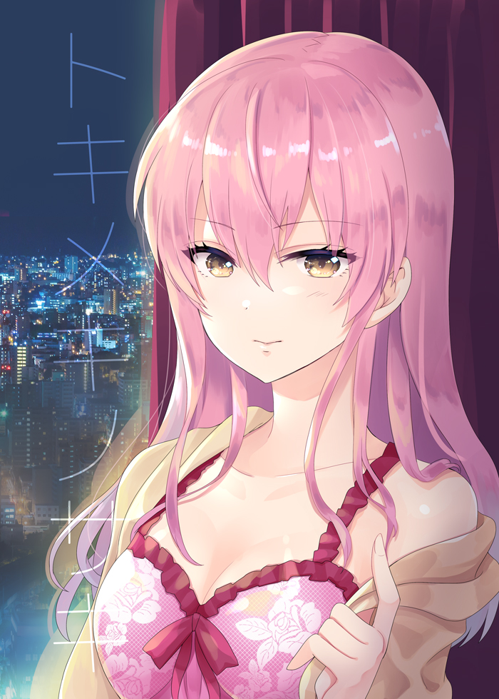 1girl, bare_shoulders, blush, breasts, brown_eyes, brown_jacket, camisole, city