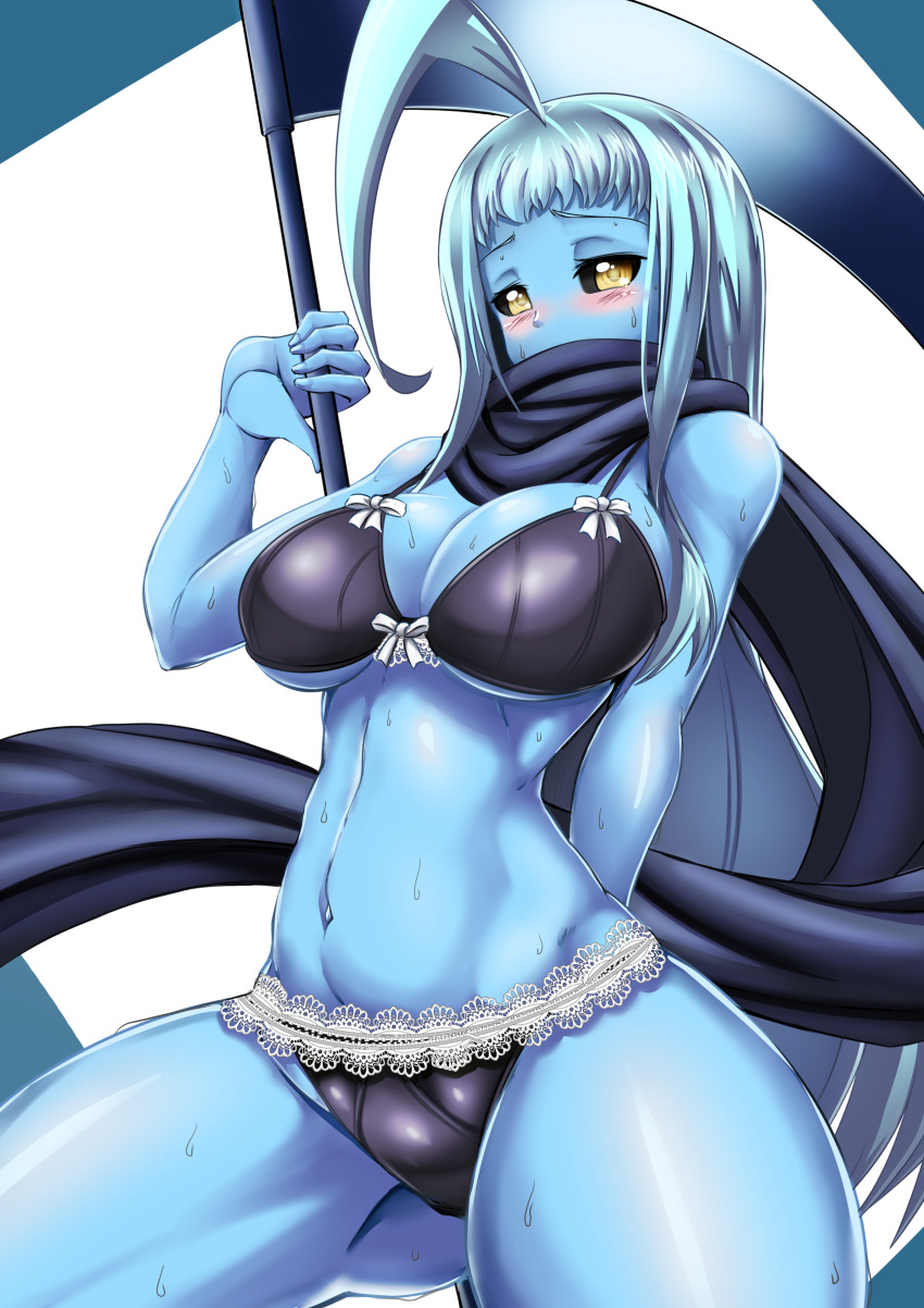 1girl, absurdres, ahoge, black_bra, black_panties, black_scarf, black_sclera, blue_hair