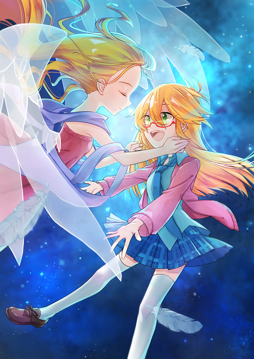 2girls, bare_shoulders, blonde_hair, dress, glasses, green_eyes, highres, kneehighs