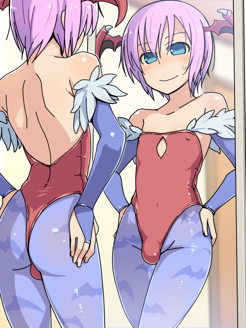 androgynous, animal_print, ass, bare_shoulders, bat, bat_print, blue_legwear, blush, bridal_gauntlets, bulge, cosplay, crossdressinging, demon_girl, flat_chest, head_wings, highleg, highleg_leotard, highres, leotard, lilith_aensland, lilith_aensland_(cosplay), male_focus, mirror, pantyhose, pink_hair, print_legwear, red_leotard, short_hair, solo, succubus, thong_leotard, trap, vampire_(game)