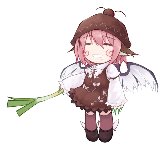 chibi, closed_eyes, dress, fingernails, hachune_miku, hat, long_fingernails, long_nails, mystia_lorelei, nails, parody, pink_hair, saliva, spring_onion, touhou, vocaloid, wings, yukitarou_(awamori)
