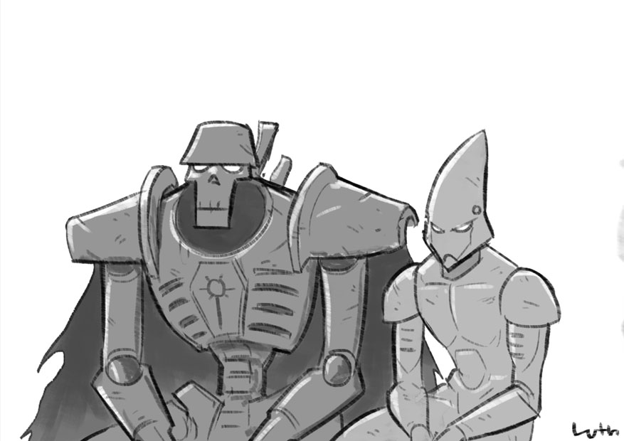 2boys, armor, artist_name, cape, eldar, helmet, lutherniel, multiple_boys