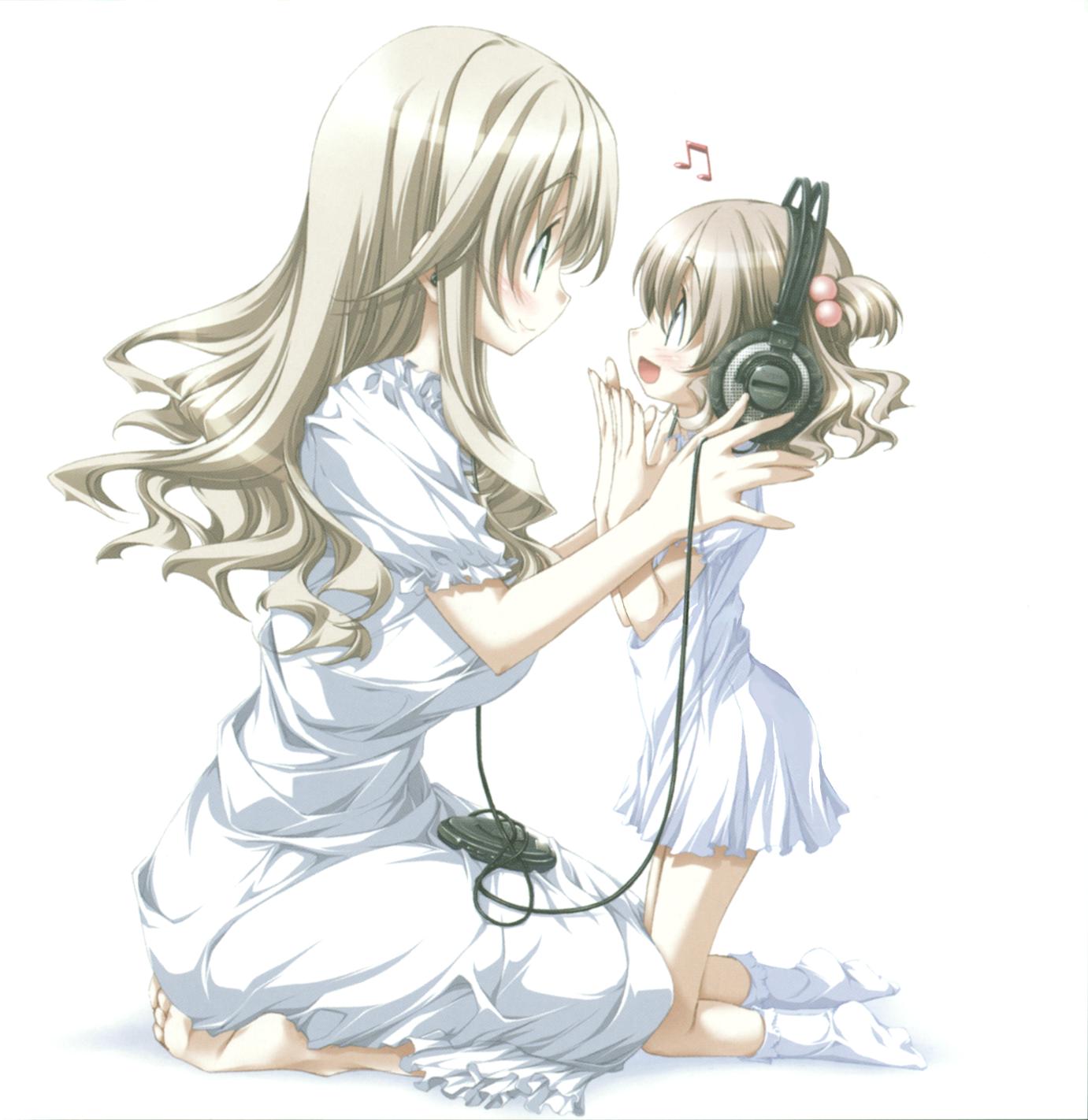 barefoot, cd_player, child, hair_bobbles, hair_ornament, headphones, highres, kurashima_tomoyasu