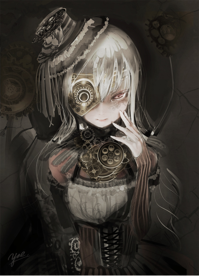 1girl, clockwork, cross-laced_clothes, facial_tattoo, gears, gothic, gothic_wa_mahou_otome, hand_on_own_cheek