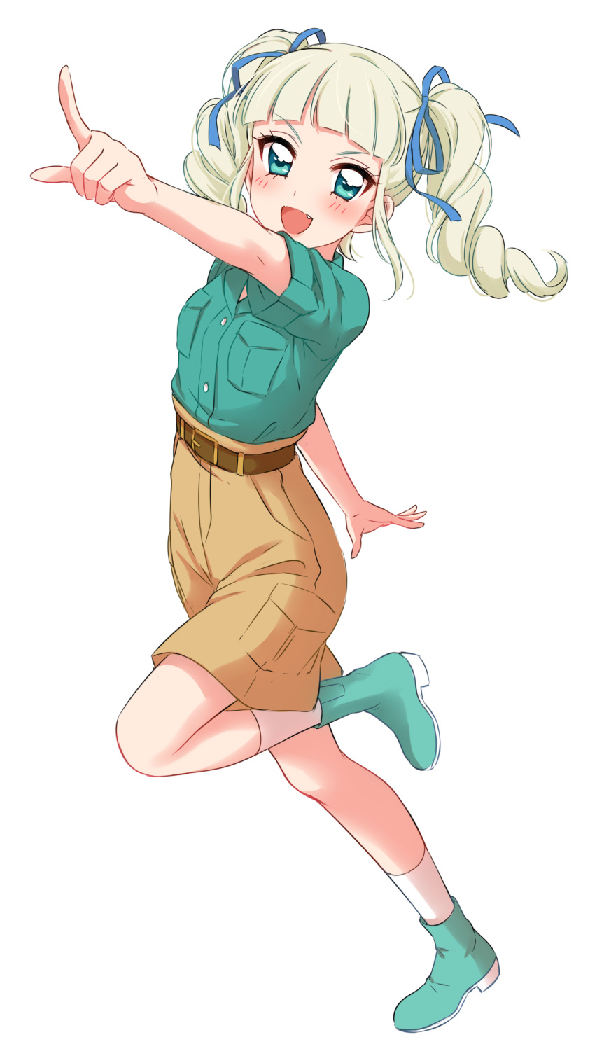>:d, 1girl, :d, absurdres, aikatsu!, aqua_boots, aqua_shirt, bangs