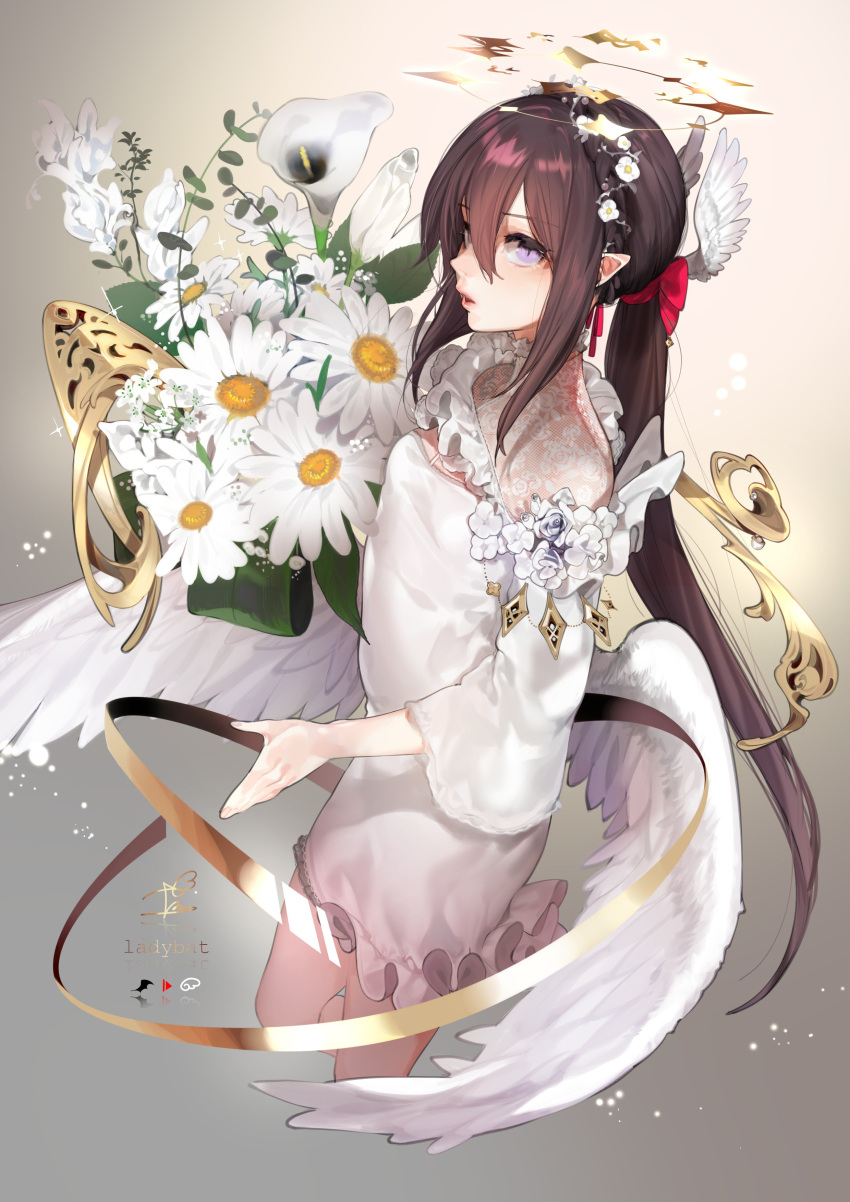 1girl, absurdres, angel_wings, bangs, bouquet, breasts, brown_hair, character_name