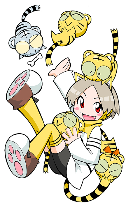 1girl, animal_ears, animal_print, bike_shorts, bone, brown_hair, coco_(toranoana), comic_toranoana, fake_animal_ears, fang, kotora_(toranoana), long_sleeves, looking_at_viewer, mook-tv, official_art, paw_shoes, red_eyes, shoes, smile, thigh-highs, tiger, tiger_ears, tiger_print, tora_da_yo., toranoana