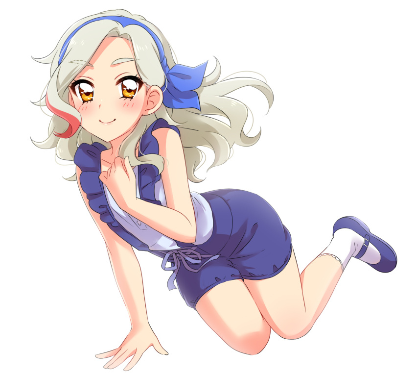 1girl, aikatsu!, bangs, bare_arms, blue_shoes, blush, closed_mouth, commentary