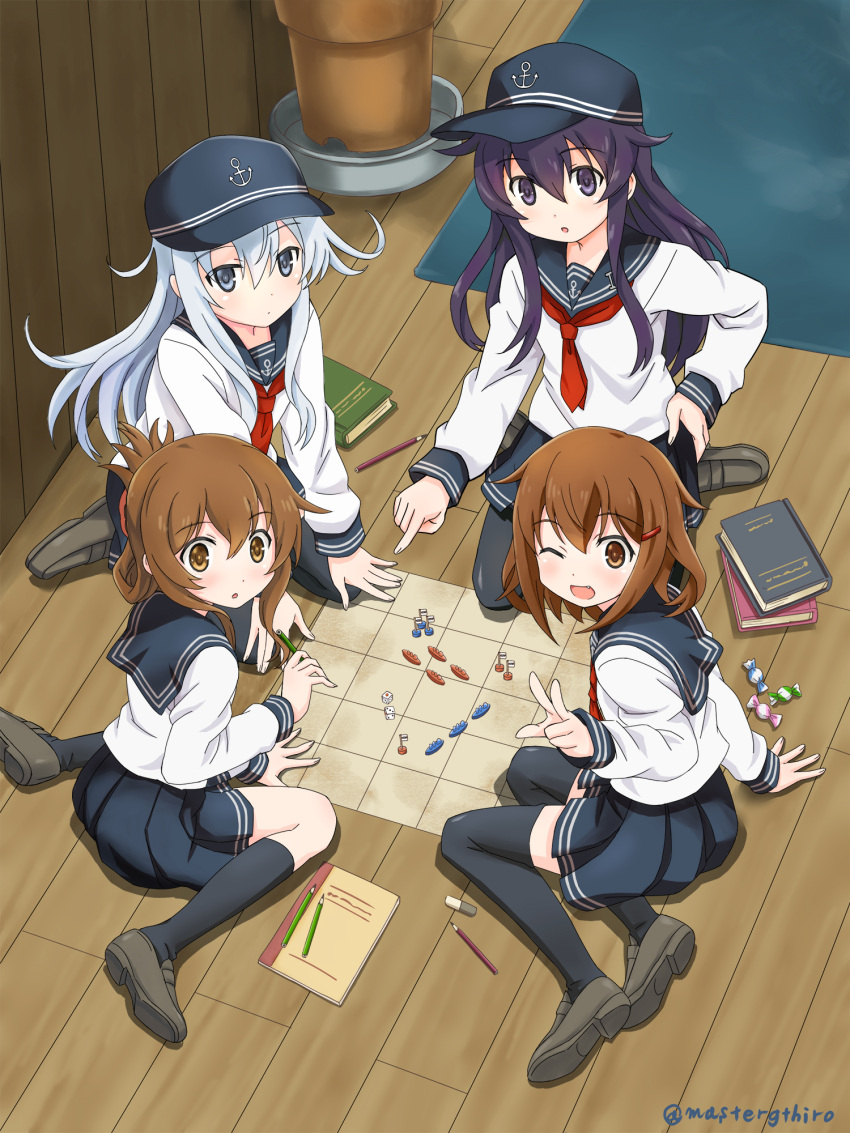 4girls, ;d, akatsuki_(kantai_collection), anchor_print, arm_support, black_eyes, black_hair, black_hat