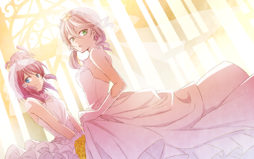 2girls, alisha_diphda, blue_eyes, bouquet, breasts, bridal_veil, brown_hair, dress