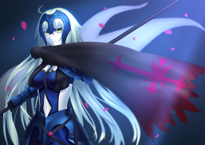 1girl, ahoge, answering, armor, armored_dress, banner, black_gloves, blue_background