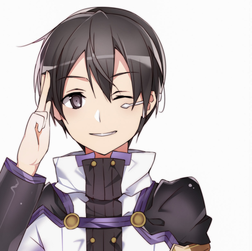 1boy, ;), black_hair, eyebrows_visible_through_hair, grin, hair_between_eyes, highres, kirito