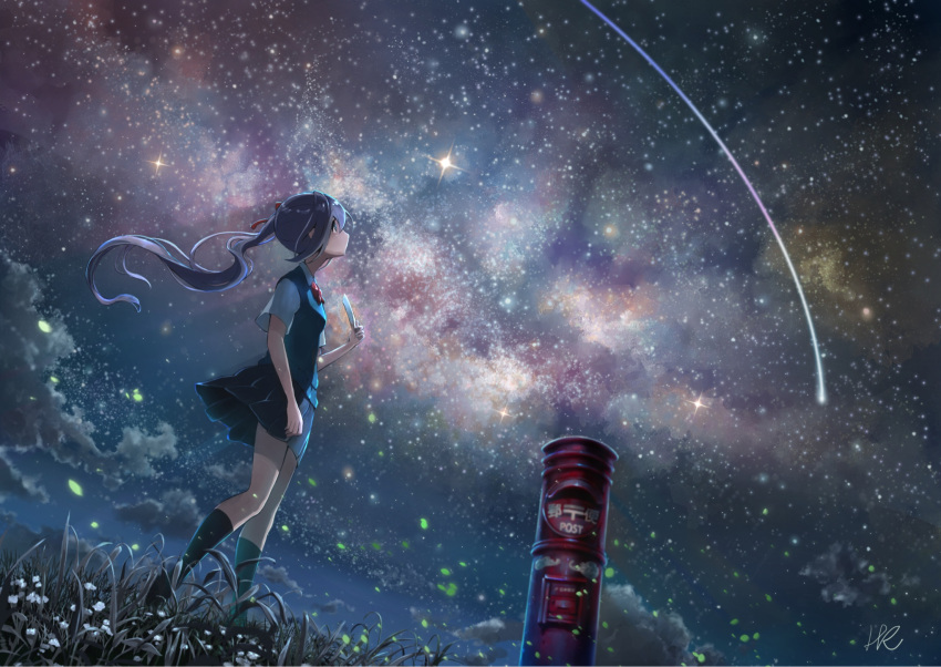 1girl, bangs, blue_eyes, blue_skirt, closed_mouth, clouds, cloudy_sky, comet