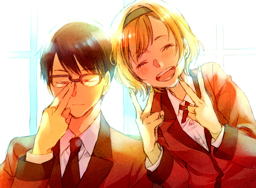 1boy, 1girl, :d, ^_^, adjusting_glasses, backlighting, bangs, blazer
