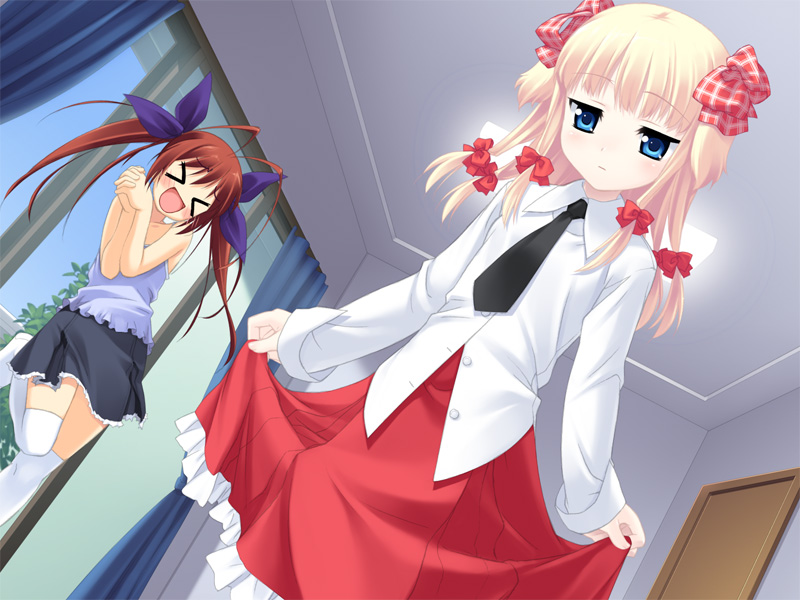 >_<, antenna_hair, blonde_hair, blue_eyes, bow, camisole, dutch_angle, game_cg