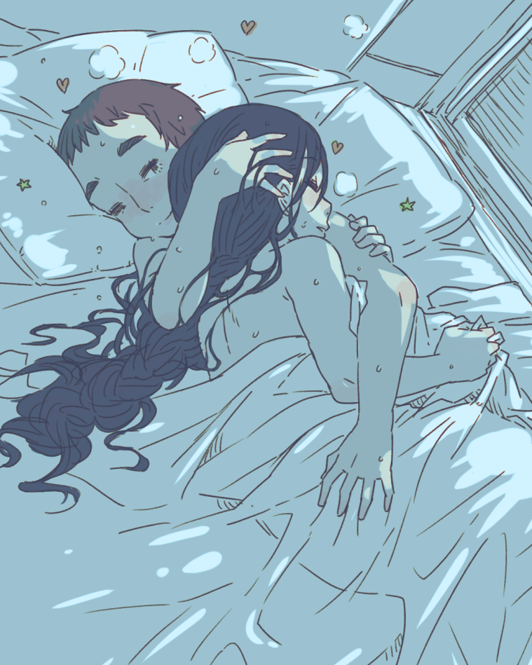 2girls, aftersex, arm_grab, blush, brown_hair, closed_eyes, hand_in_another's_hair, hand_on_another's_head, heart, long_hair, m_k, multiple_girls, nose_blush, original, pillow, short_hair, sweat, under_covers, wife_and_wife, yuri