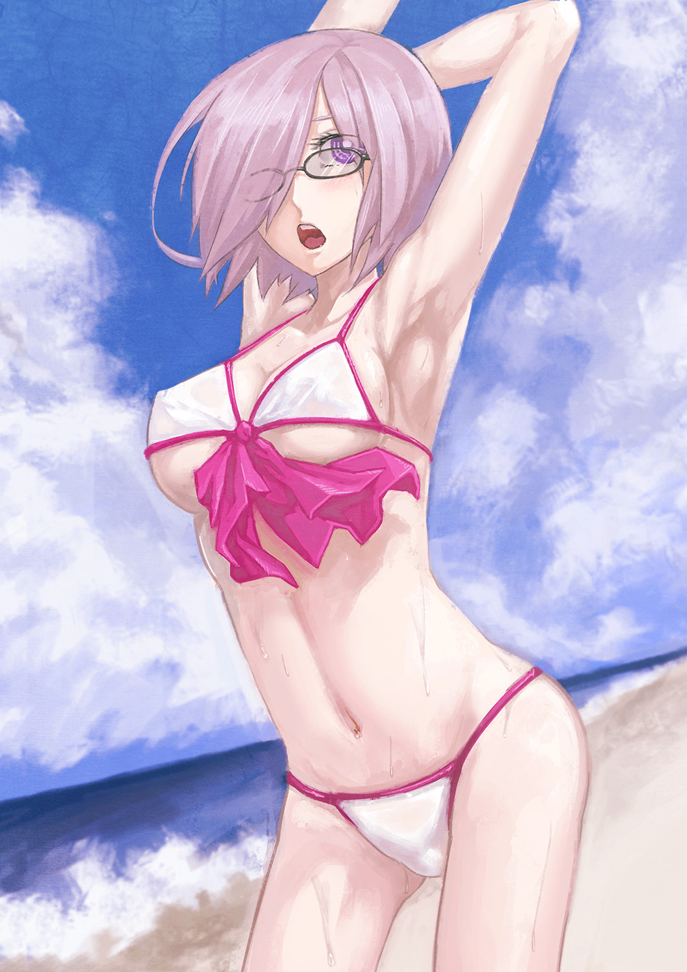 1girl, a-er_(akkij0358), armpits, arms_up, beach, bikini, black-framed_eyewear, blue_sky