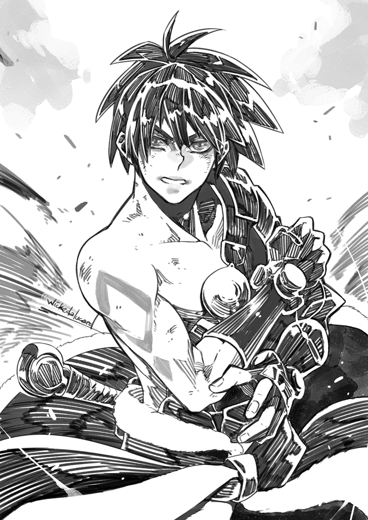 1boy, cowboy_shot, fingerless_gloves, gloves, greyscale, ian_olympia, looking_at_viewer, male_focus