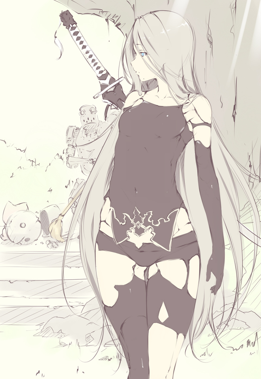 1girl, black_gloves, black_legwear, blue_eyes, breasts, camisole, closed_mouth, covered_navel
