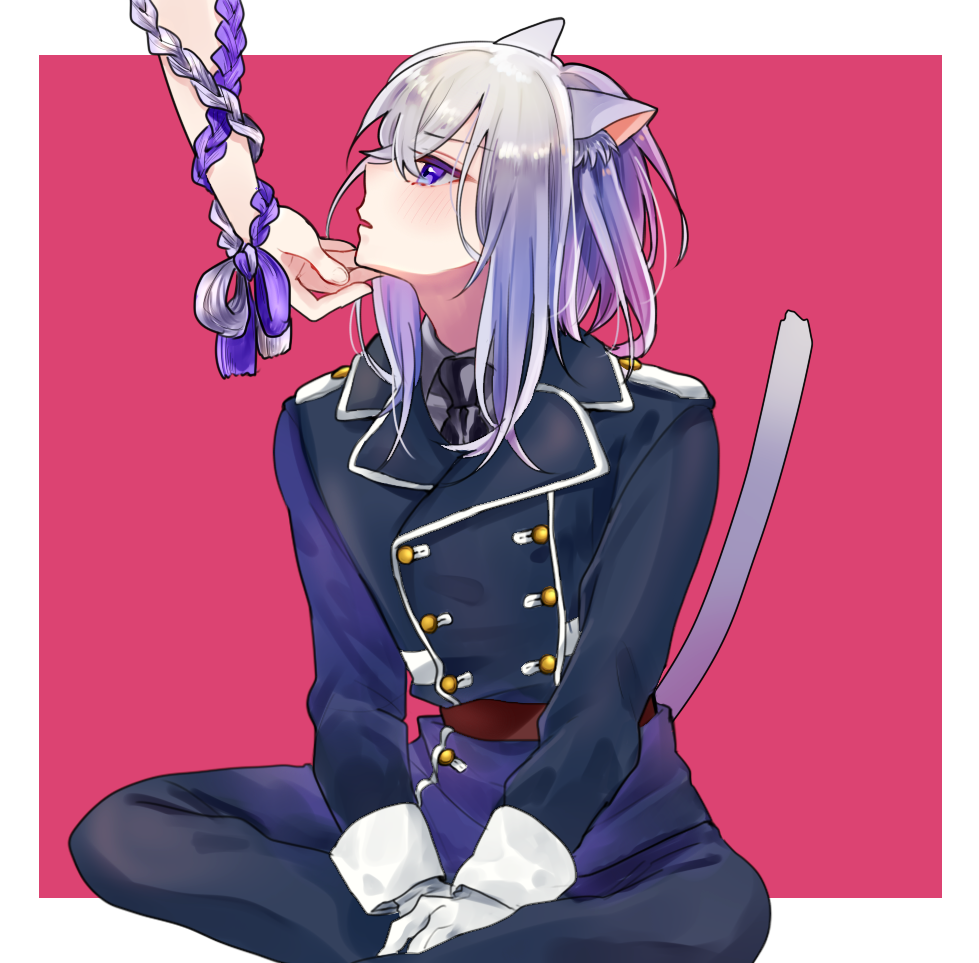 1boy, animal_ears, asuma_(hanezu), blush, cat_ears, cat_tail, gloves, hand_on_another's_chin