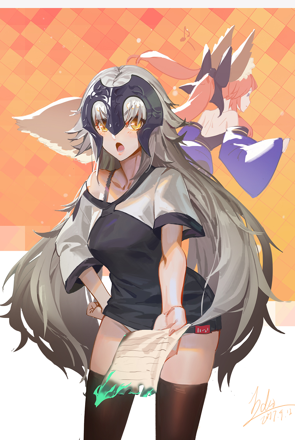 2girls, animal_ears, bare_shoulders, black_legwear, bow, bra_strap, breasts, cowboy_shot