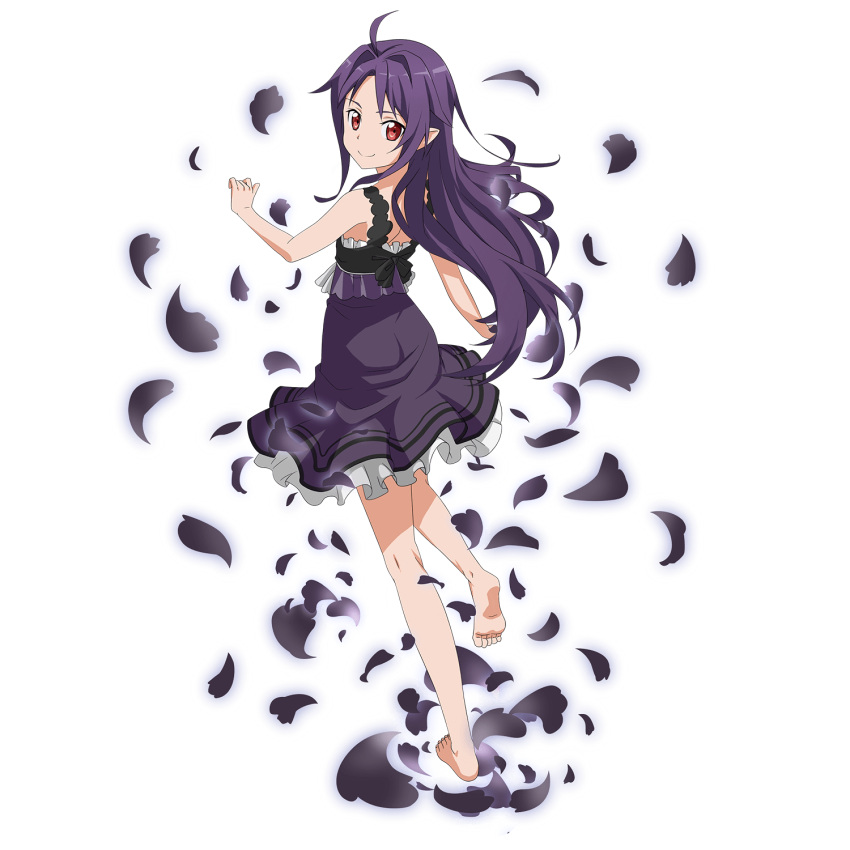 1girl, barefoot, dress, full_body, highres, long_hair, looking_at_viewer, looking_back
