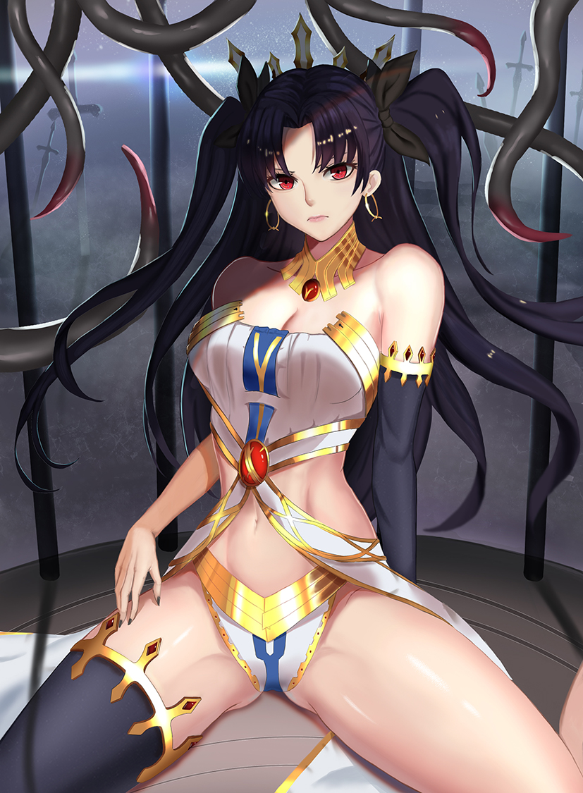 >:(, 1girl, arm_support, asymmetrical_clothes, asymmetrical_legwear, bare_shoulders, black_gloves, black_hair, black_legwear, breasts, cage, cleavage, closed_mouth, crown, cyicheng, earrings, elbow_gloves, fate/grand_order, fate_(series), gloves, gluteal_fold, hair_ribbon, hoop_earrings, in_cage, ishtar_(fate/grand_order), jewelry, long_hair, looking_at_viewer, medium_breasts, midriff, navel, neck_ring, red_eyes, ribbon, single_elbow_glove, single_thighhigh, sitting, solo, spread_legs, stomach, sword, tentacle, thigh-highs, thighs, tohsaka_rin, two_side_up, weapon