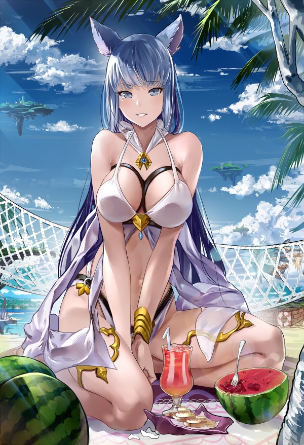 1girl, animal_ears, bare_shoulders, bikini, blue_eyes, blue_hair, braid, breasts