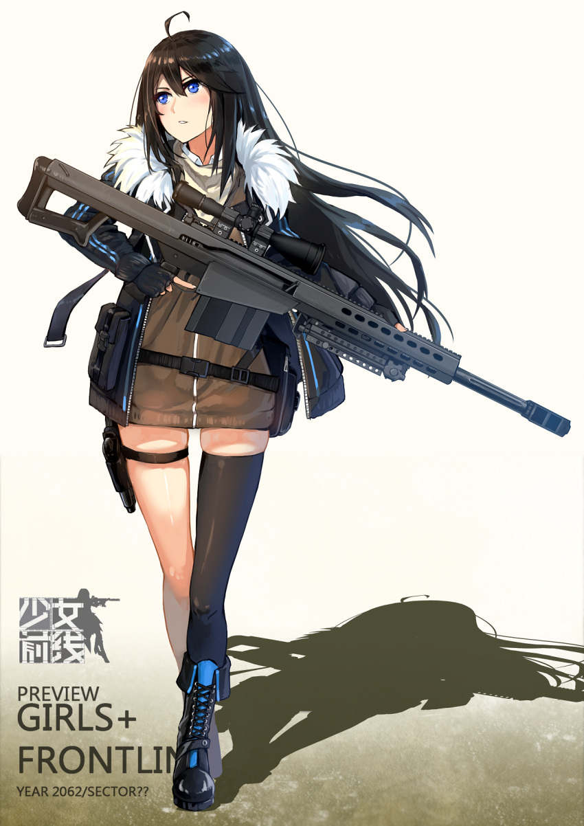 1girl, ahoge, anti-materiel_rifle, bangs, barrett_m107, belt, black_boots, black_hair