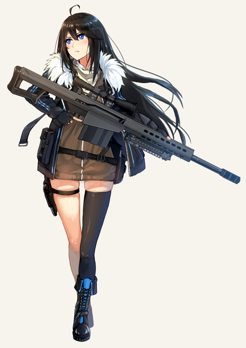 1girl, absurdres, ahoge, anti-materiel_rifle, bangs, barrett_m107, beige_background, belt, black_boots, black_hair, black_legwear, blush, boots, brown_dress, cross-laced_footwear, dress, floating_hair, fur-trimmed_jacket, fur_trim, girls_frontline, gun, hair_between_eyes, highres, holding, holding_gun, holding_weapon, holster, jacket, long_hair, looking_to_the_side, open_clothes, open_jacket, original, parted_lips, rifle, sidelocks, simple_background, single_thighhigh, sniper_rifle, solo, sweater, sweater_dress, swept_bangs, thigh-highs, thigh_holster, thigh_strap, trigger_discipline, ukeuke, weapon