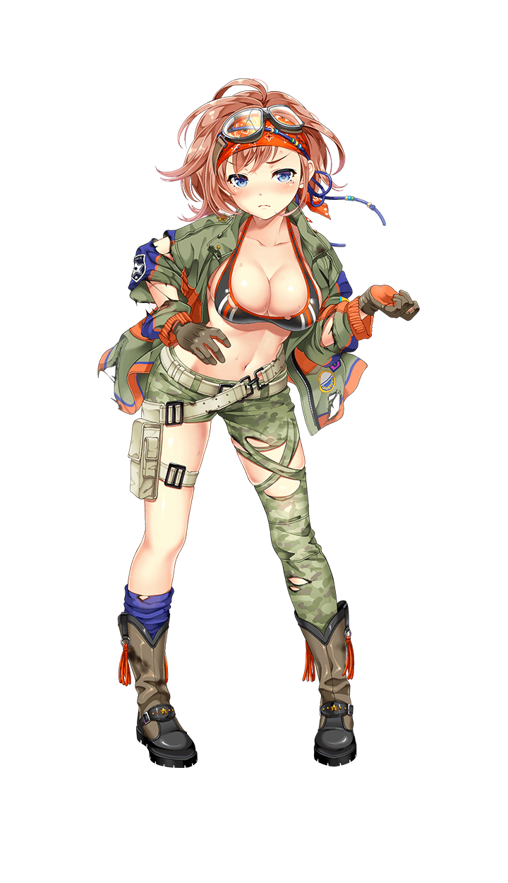 1girl, bandanna, bikini, blue_eyes, blush, boots, breasts, brown_boots, cleavage, dominic_shangri-la, formation_girls, full_body, gloves, goggles, goggles_on_head, highres, jacket, kamura_poku, large_breasts, light_brown_hair, looking_at_viewer, midriff, navel, official_art, open_clothes, open_jacket, solo, swimsuit, torn_clothes, transparent_background