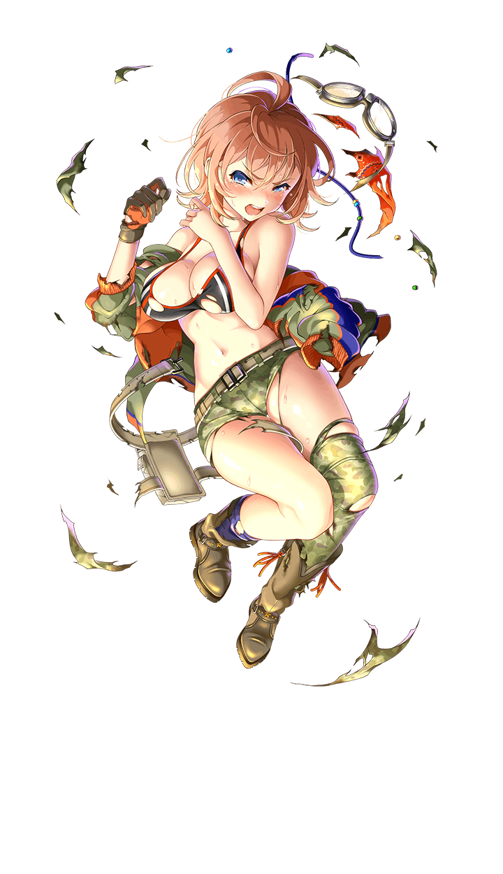 1girl, bandanna, bikini, blue_eyes, boots, breasts, brown_boots, cleavage