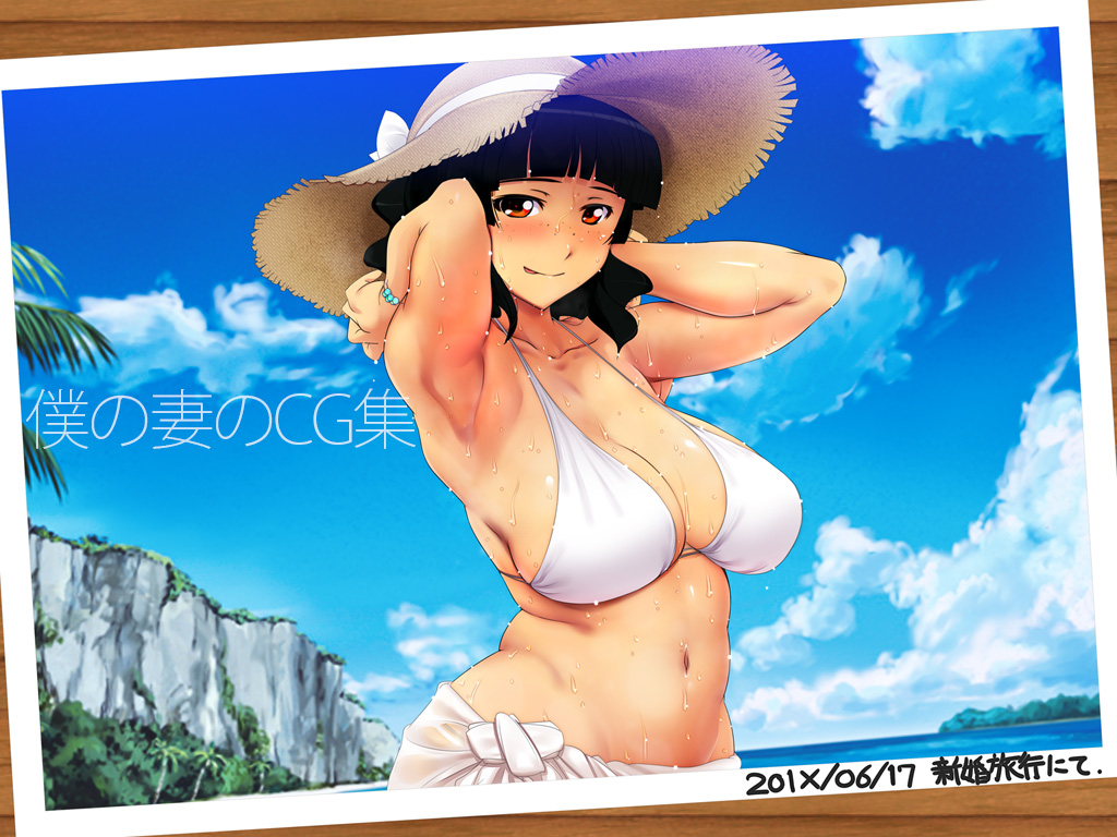 1girl, :p, amagasahigasa, armpits, arms_up, belly, bikini, bikini_top, black_hair, blue_sky, blush, bracelet, breasts, cleavage, clouds, dated, dripping, hat, hips, jewelry, large_breasts, looking_at_viewer, mature, navel, photo, red_eyes, short_hair, sky, solo, straw_hat, sweat, sweating, sweating_profusely, swimsuit, tongue, tongue_out, wet, white_bikini