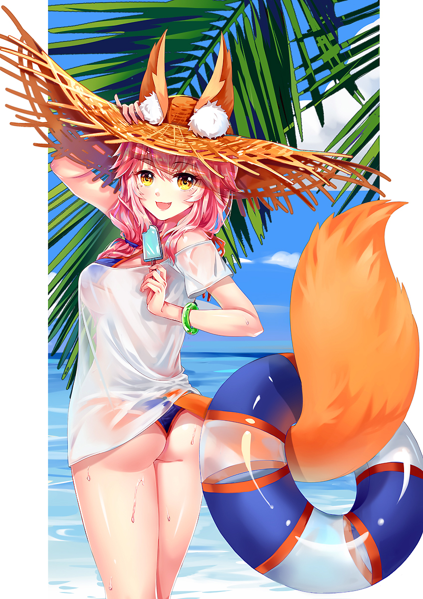 1girl, animal_ears, ass, bare_shoulders, bikini, blue_bikini, bracelet, breasts