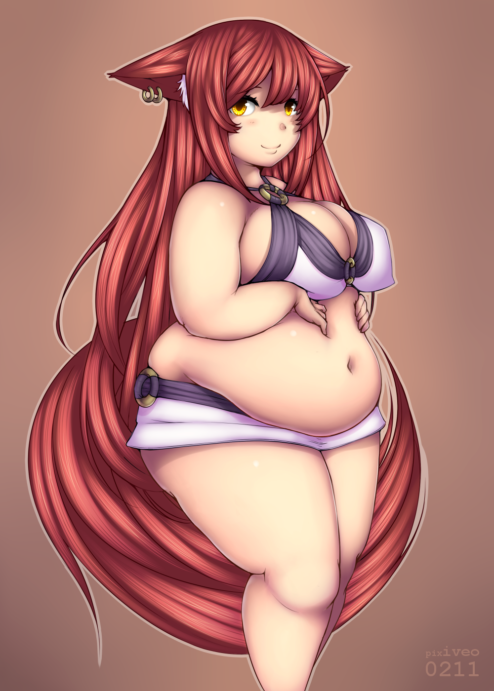 1girl, animal_ears, belly_grab, belly_rub, big_belly, blush, breasts, cleavage, earrings, fat, fox_ears, fox_tail, highres, holding_stomach, iveo, jewelry, large_breasts, long_hair, looking_at_viewer, miniskirt, navel, o-ring_bottom, o-ring_top, original, redhead, skirt, smile, solo, standing, tail, thick_thighs, thighs, very_long_hair, wide_hips, yellow_eyes