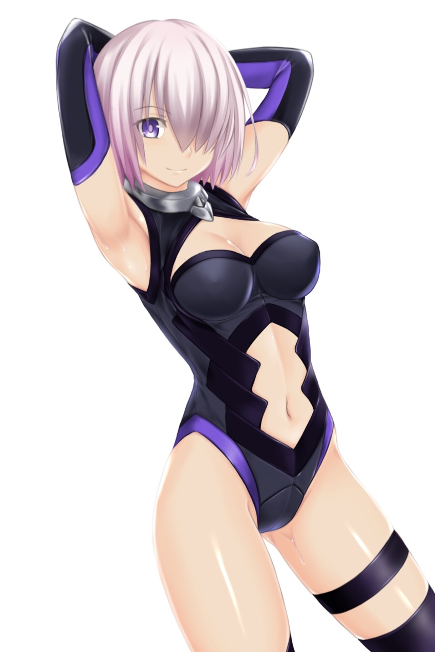 1girl, armpits, arms_behind_head, black_legwear, black_leotard, breasts, cleavage, cutout