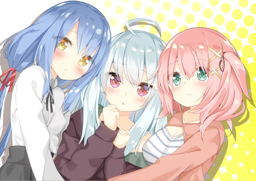 3girls, :o, ahoge, blue_hair, breasts, clenched_hands, commentary_request, dress_shirt, green_eyes, group_hug, hair_ribbon, highres, hood, hoodie, hug, jpeg_artifacts, kamioka_shun'ya, large_breasts, low_twintails, multiple_girls, original, pink_hair, red_eyes, red_ribbon, ribbon, shiori_(kamioka_shun'ya), shirasagi_sakura, shirt, silver_hair, small_breasts, smile, striped, striped_shirt, twintails, yellow_eyes