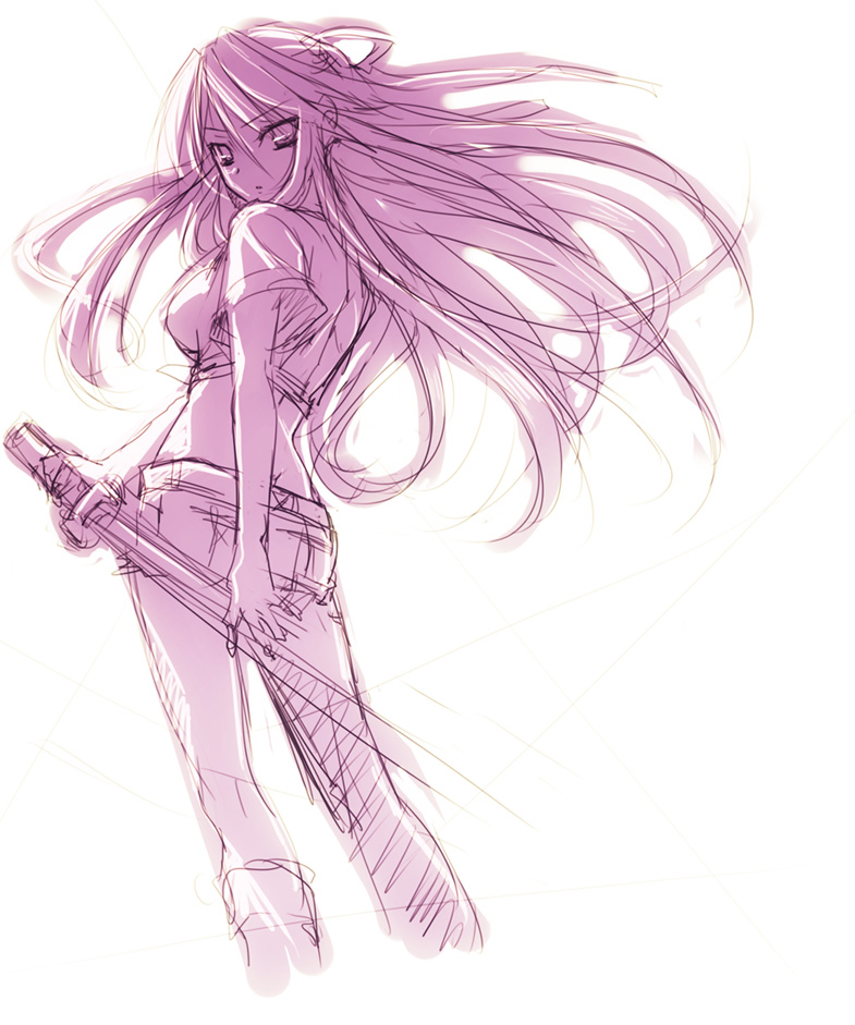 blade, female, kanzaki_kaori, long_hair, midriff, monochrome, one_pantsleg, purple