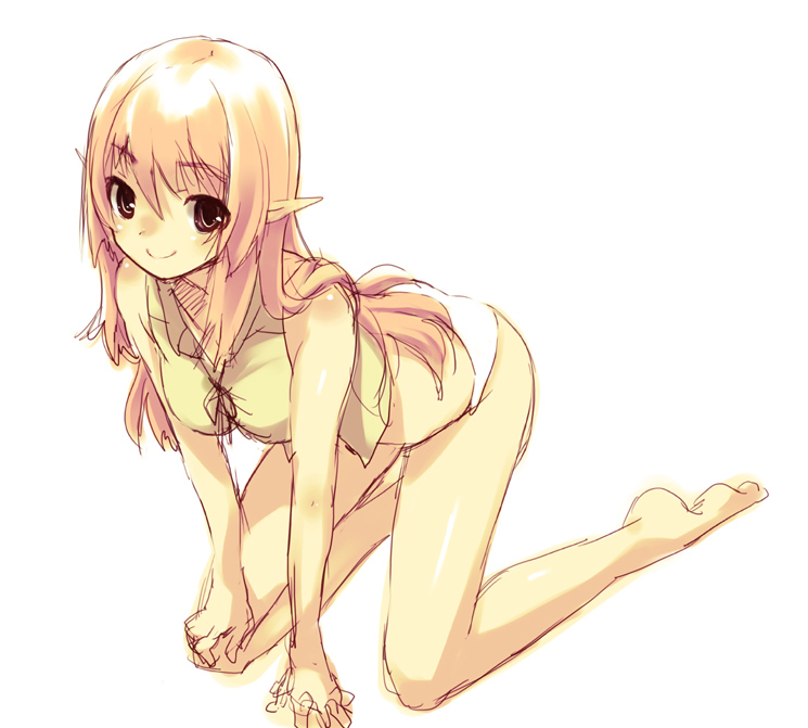 blonde_hair, brown_eyes, elf, panties, pointy_ears, sketch, smile, thighs