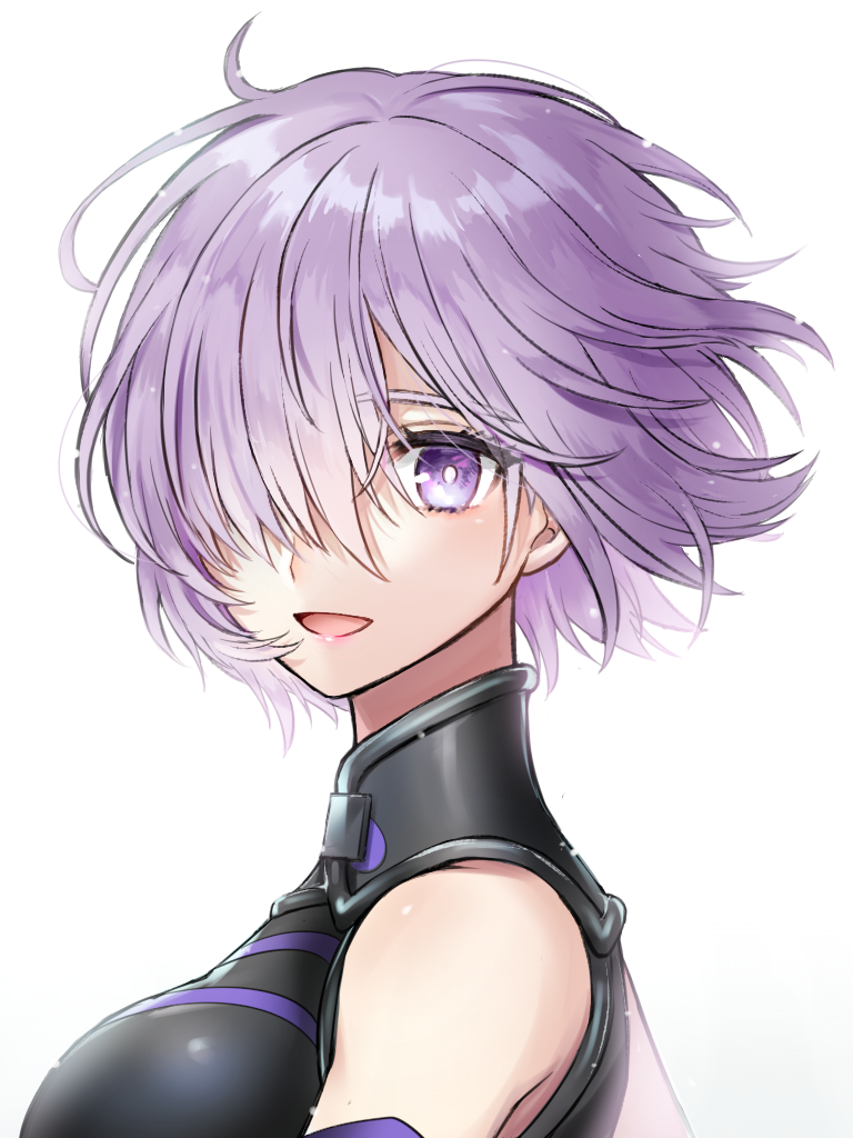 1girl, fate/grand_order, fate_(series), hair_over_one_eye, looking_at_viewer, open_mouth, purple_hair, shielder_(fate/grand_order)