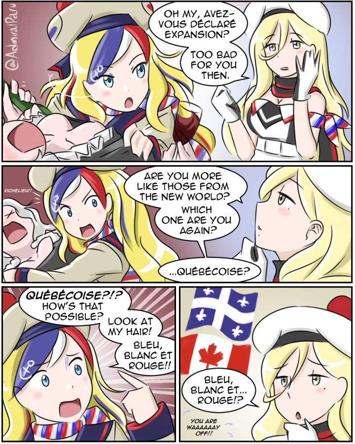3girls, admiral_paru, artist_name, beret, blonde_hair, canadian_flag, civilization_(series), civilization_vi, commandant_teste_(kantai_collection), english, french, grey_hair, hat, multicolored_hair, multiple_girls, pola_(kantai_collection), richelieu_(kantai_collection), translation_request