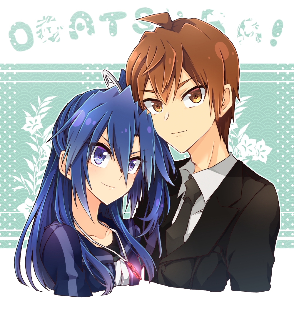 1boy, 1girl, black_necktie, blue_eyes, blue_hair, brown_eyes, brown_hair, commentary_request, formal, hair_between_eyes, hair_ornament, kazanari_tsubasa, long_hair, looking_at_viewer, msg_belt2, necktie, ogawa_shinji_(symphogear), senki_zesshou_symphogear, short_hair, side_ponytail, smile, suit, violet_eyes