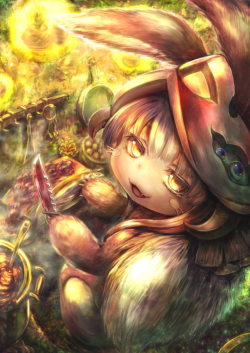 1girl, :3, :d, animal_ears, brown_eyes, combat_knife, commentary_request, ears_through_headwear