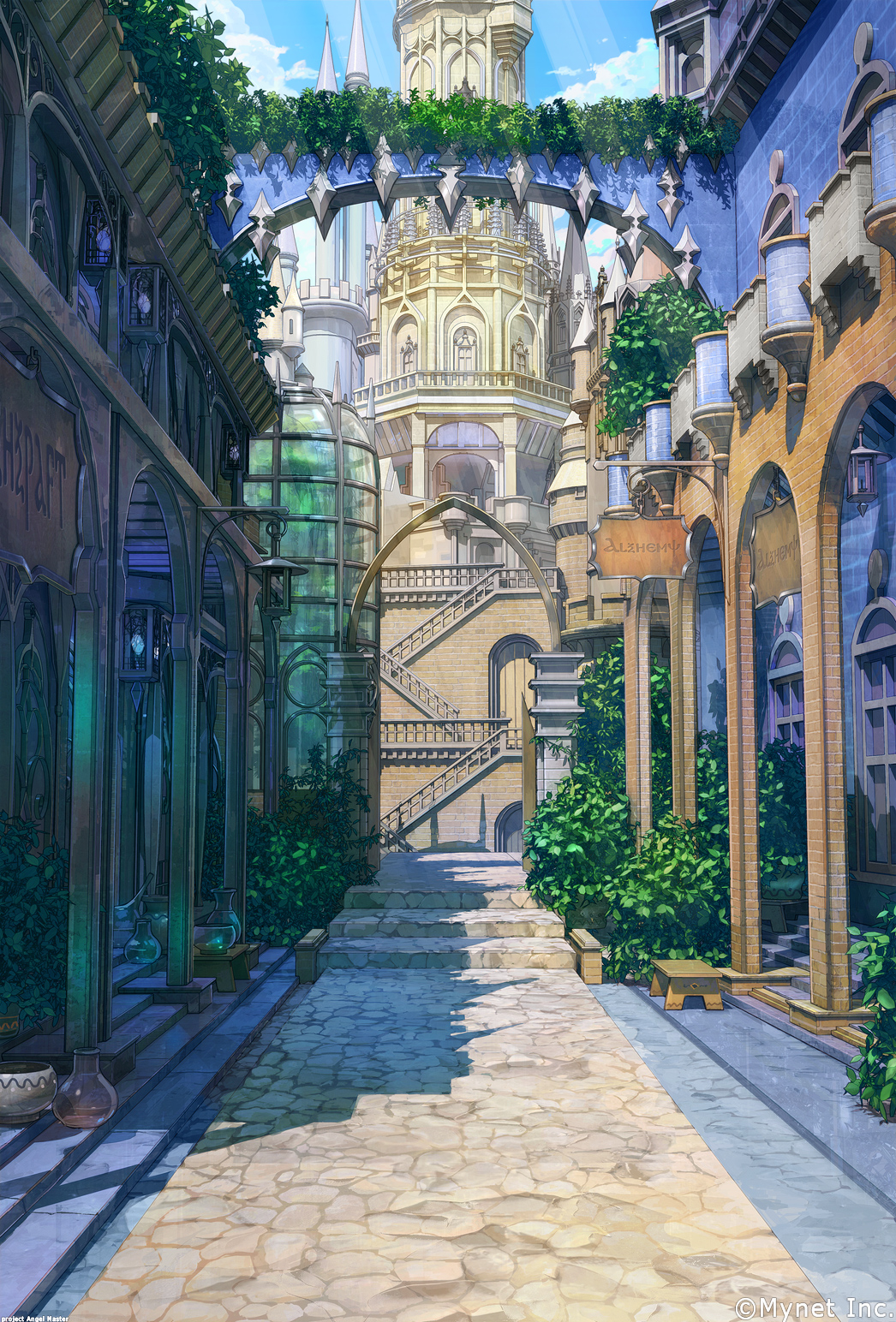 angelmaster, arch, arsenixc, blue_sky, bush, city, column, commentary_request