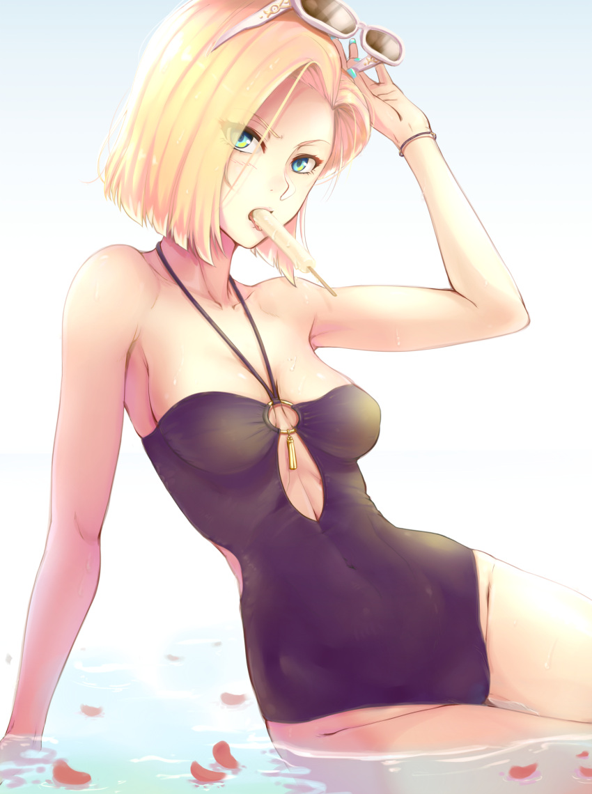 1girl, android_18, aqua_nails, arm_support, arm_up, armpits, bare_arms, bare_shoulders