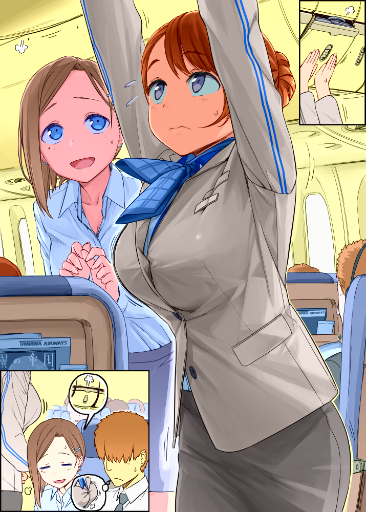 2boys, 2girls, =_=, airplane_interior, arms_up, bangs, blush, breasts