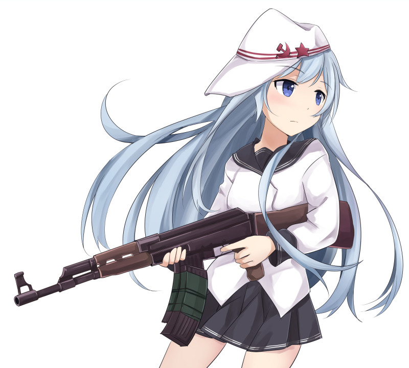 1girl, black_sailor_collar, black_skirt, blue_eyes, gun, hammer_and_sickle, hat, hibiki_(kantai_collection)