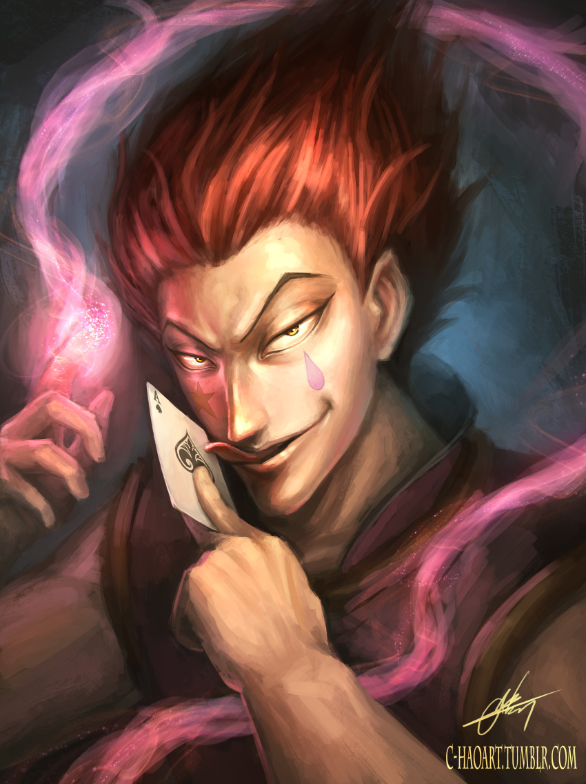 1boy, absurdres, ace_of_spades, card, commentary, facial_tattoo, grin, highres